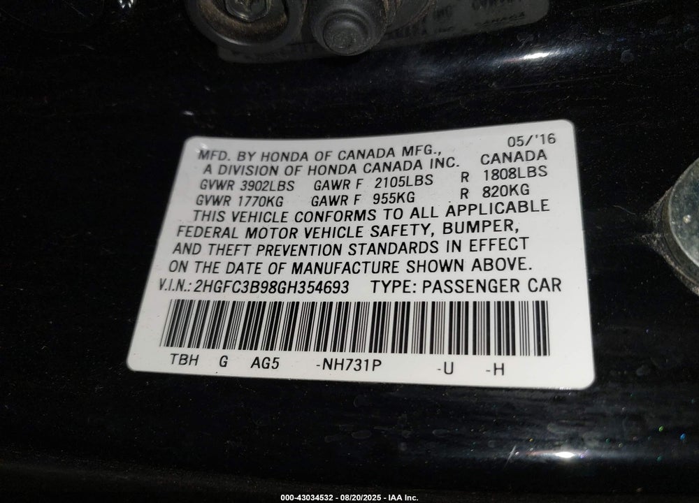 2016 HONDA CIVIC TOURING VIN: 2HGFC3B98GH354693