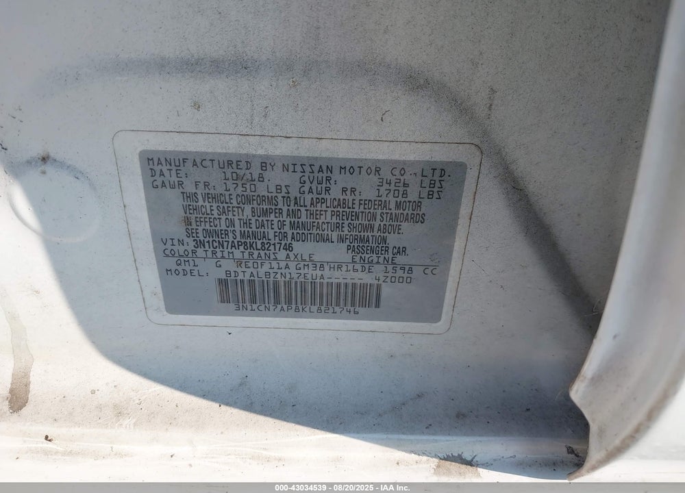 2019 NISSAN VERSA 1.6 SV VIN: 3N1CN7AP8KL821746