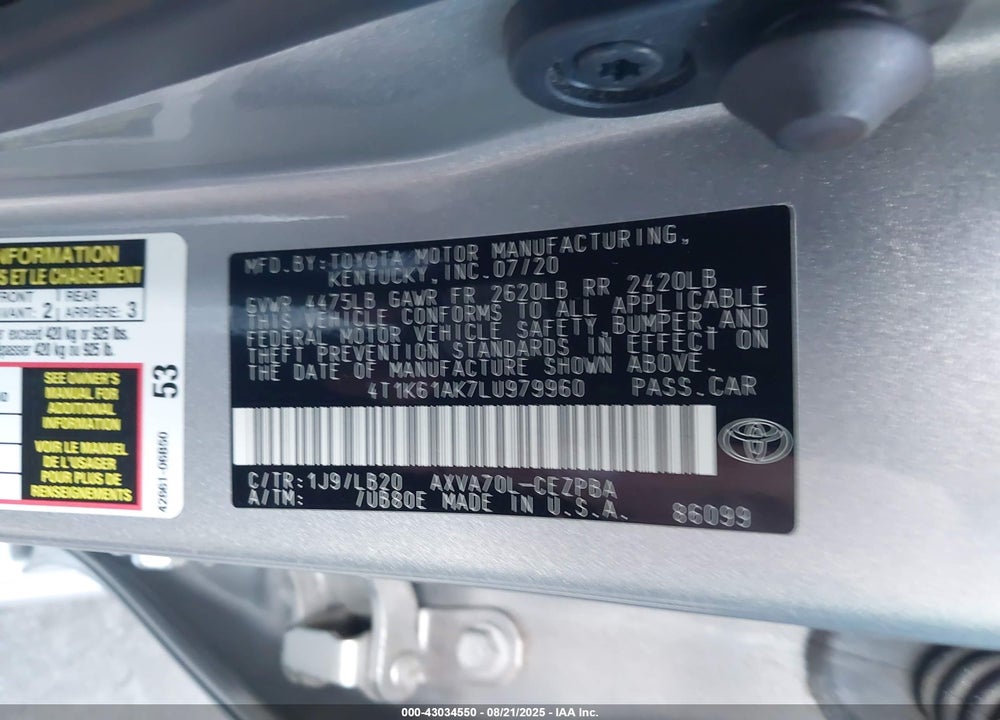 2020 TOYOTA CAMRY XSE VIN: 4T1K61AK7LU979960
