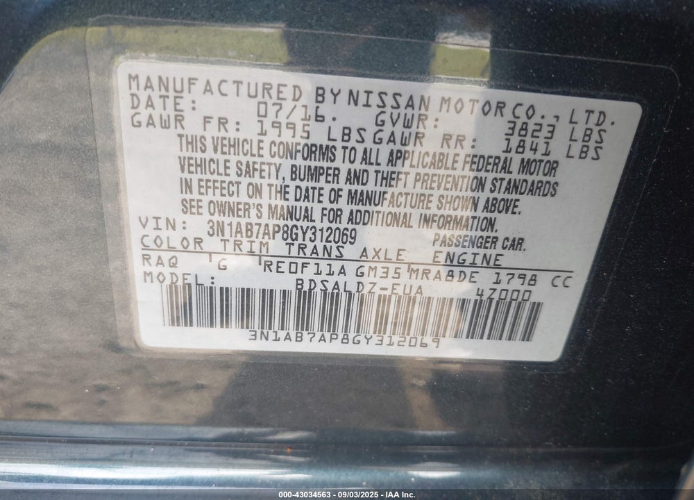 2016 NISSAN SENTRA VIN: 3N1AB7AP8GY312069