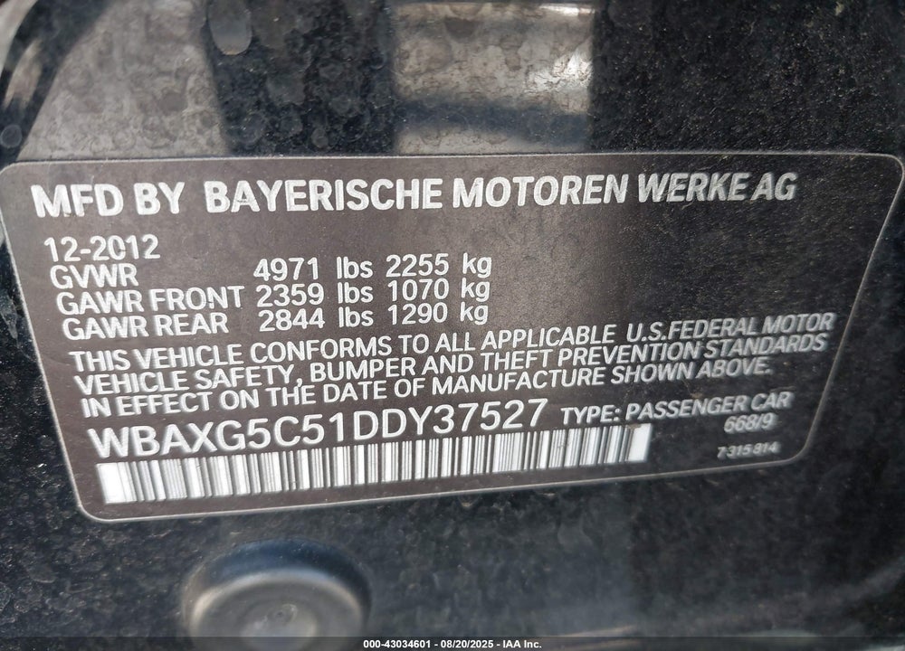 2013 BMW 528I VIN: WBAXG5C51DDY37527