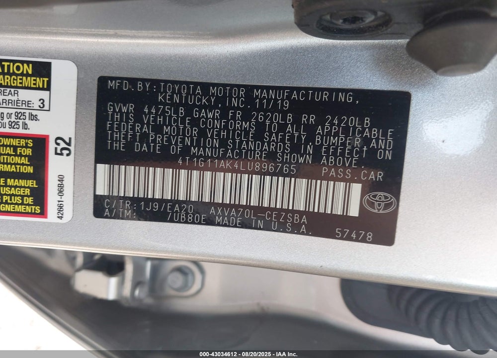 2020 TOYOTA CAMRY SE VIN: 4T1G11AK4LU896765