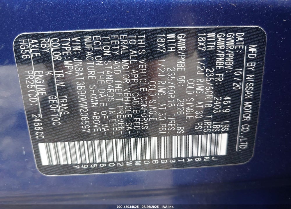 2021 NISSAN ROGUE VIN: JN8AT3BB0MW206597
