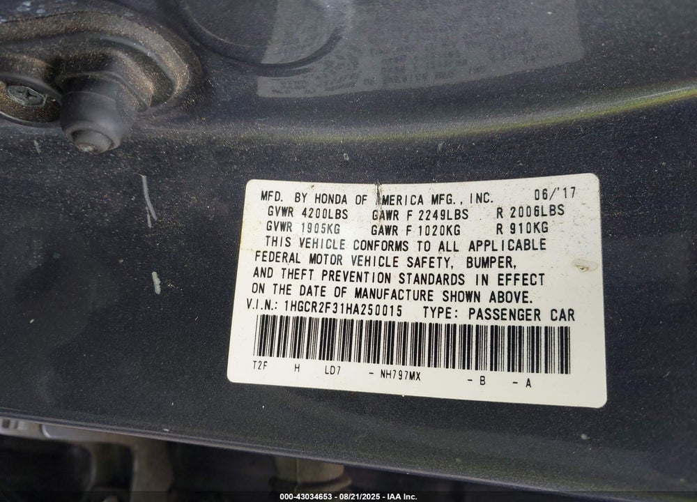 2017 HONDA ACCORD LX VIN: 1HGCR2F31HA250015