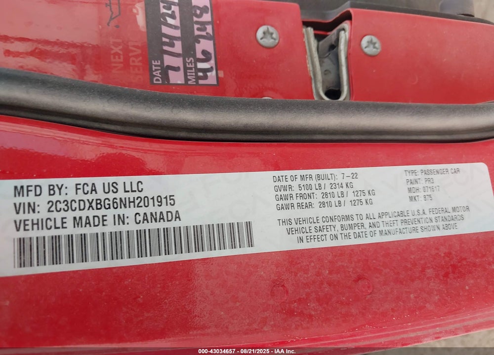 2022 DODGE CHARGER VIN: 2C3CDXBG6NH201915