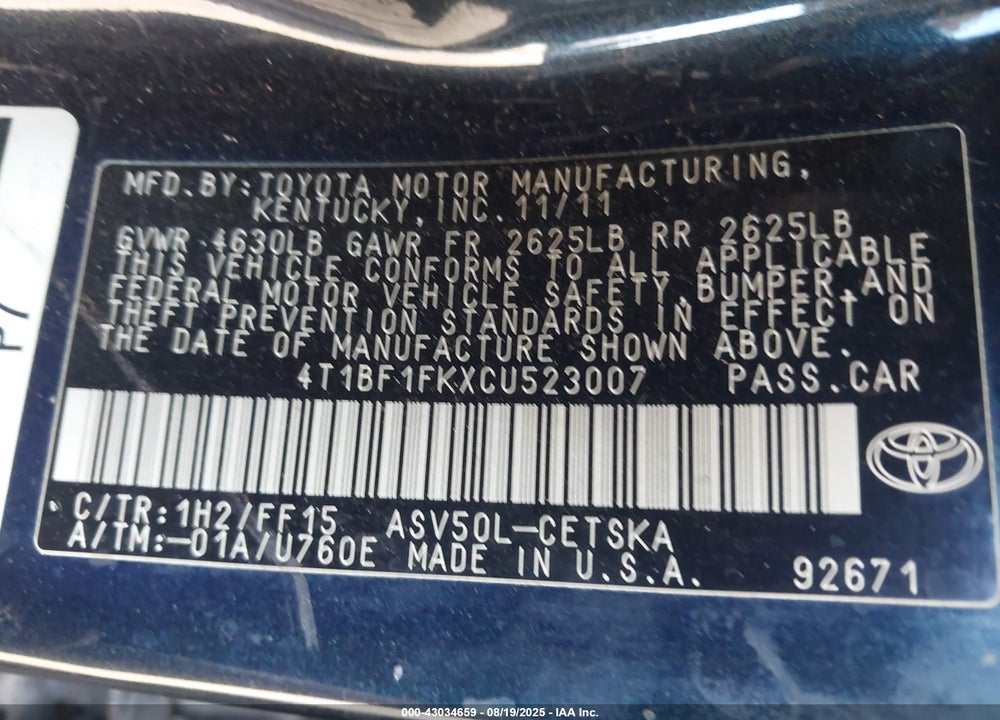 2012 TOYOTA CAMRY VIN: 4T1BF1FKXCU523007
