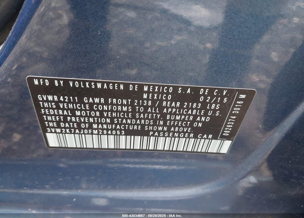 2015 VOLKSWAGEN JETTA VIN: 3VW2K7AJ0FM294053