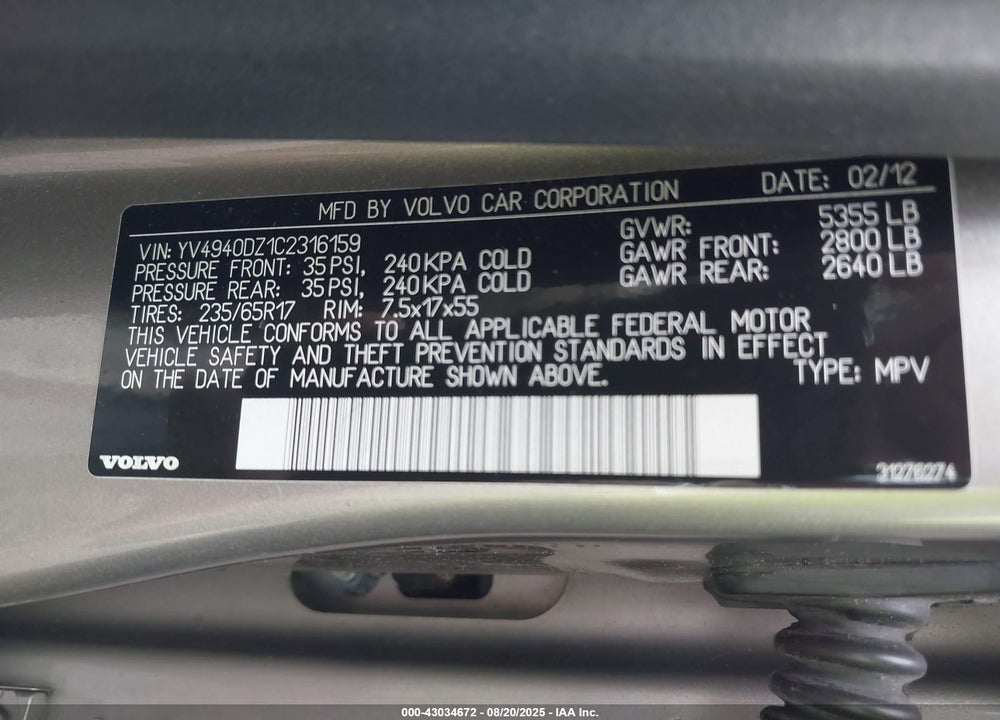 2012 VOLVO XC60 VIN: YV4940DZ1C2316159
