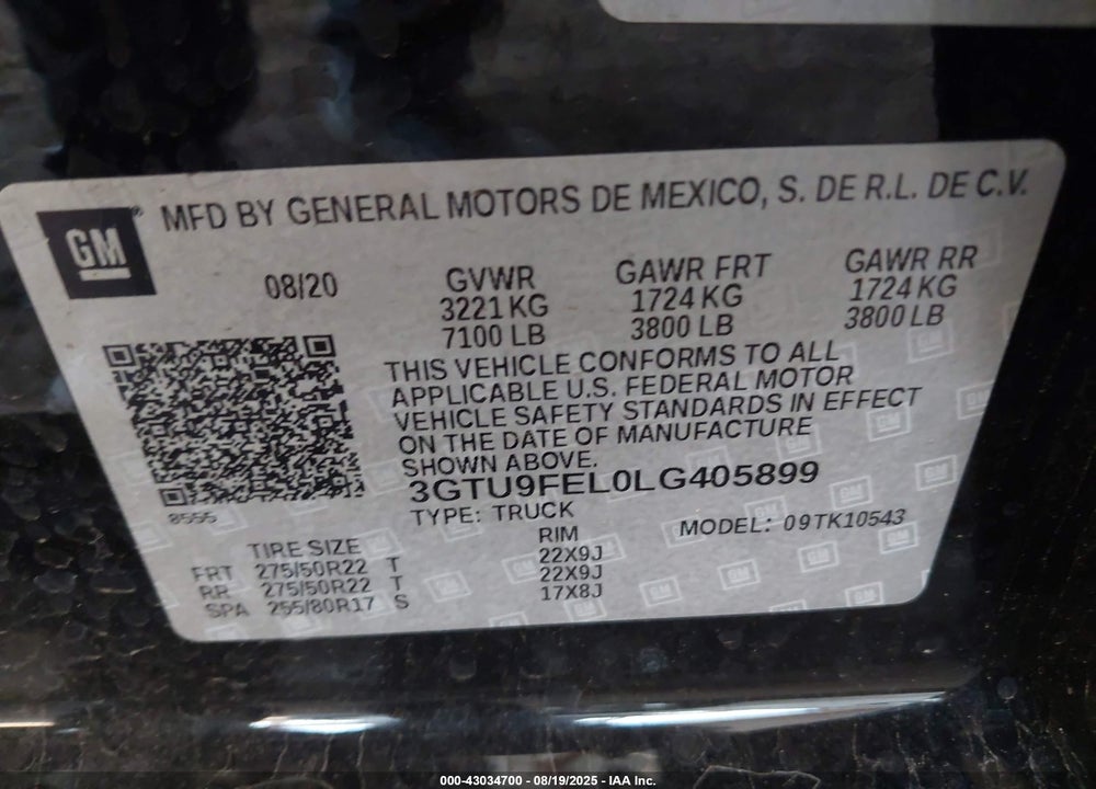 2020 GMC SIERRA 1500 VIN: 3GTU9FEL0LG405899