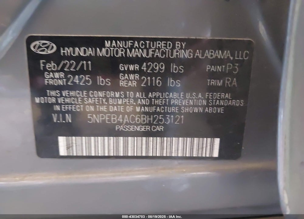 2011 HYUNDAI SONATA GLS VIN: 5NPEB4AC6BH253121