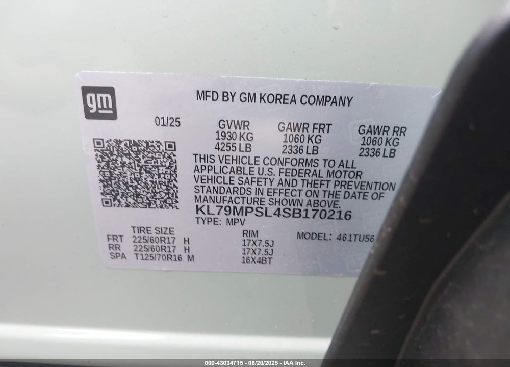 2025 CHEVROLET TRAILBLAZER VIN: KL79MPSL4SB170216