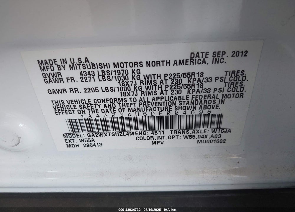 2013 MITSUBISHI OUTLANDER SPORT VIN: 4A4AR3AU6DE004696