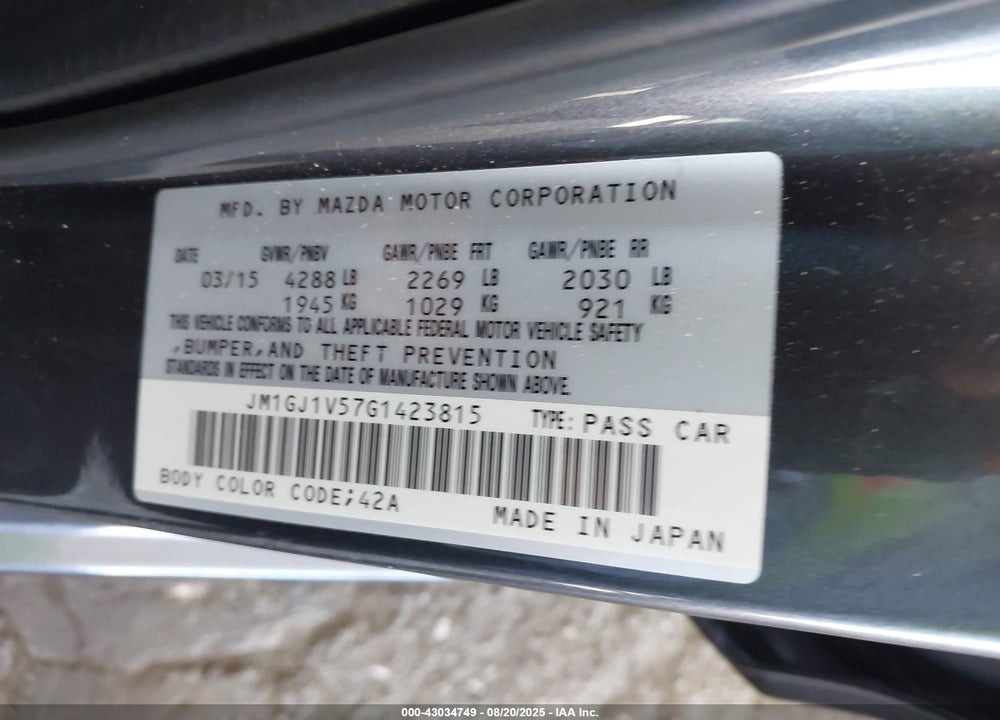 2016 MAZDA 6 VIN: JM1GJ1V57G1423815