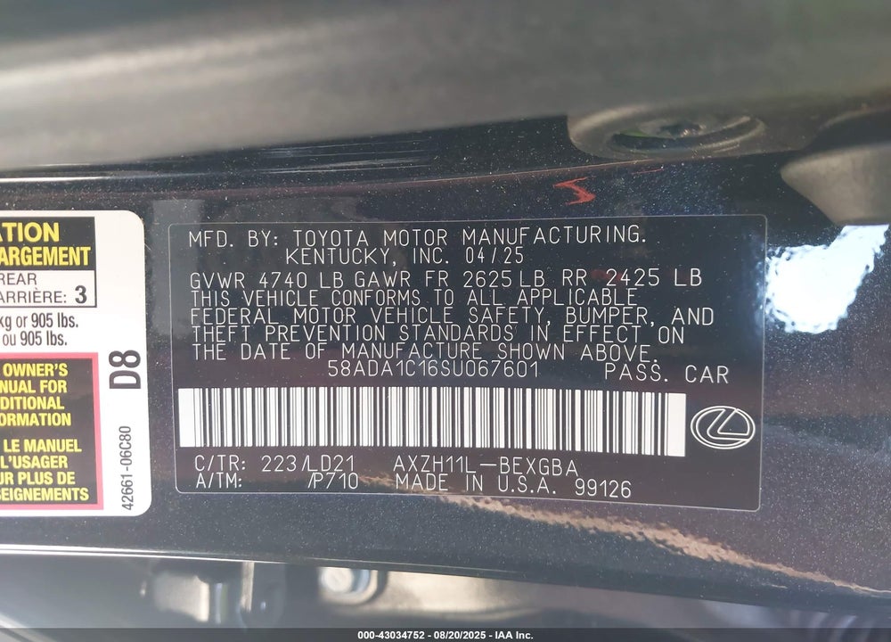 2025 LEXUS ES 300H VIN: 58ADA1C16SU067601