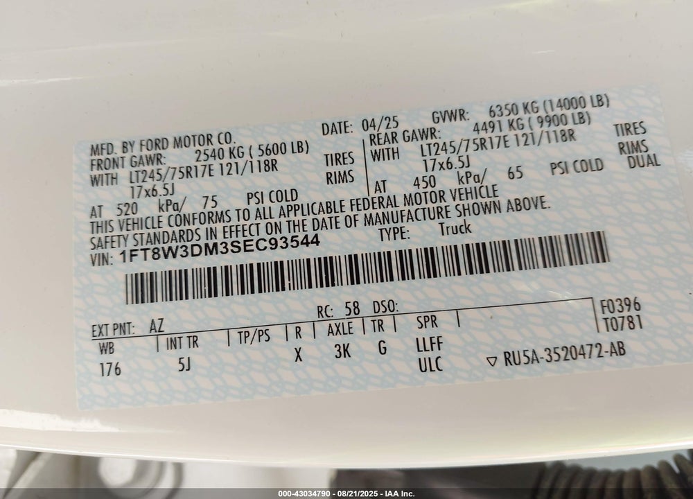 2025 FORD F-350 LARIAT VIN: 1FT8W3DM3SEC93544