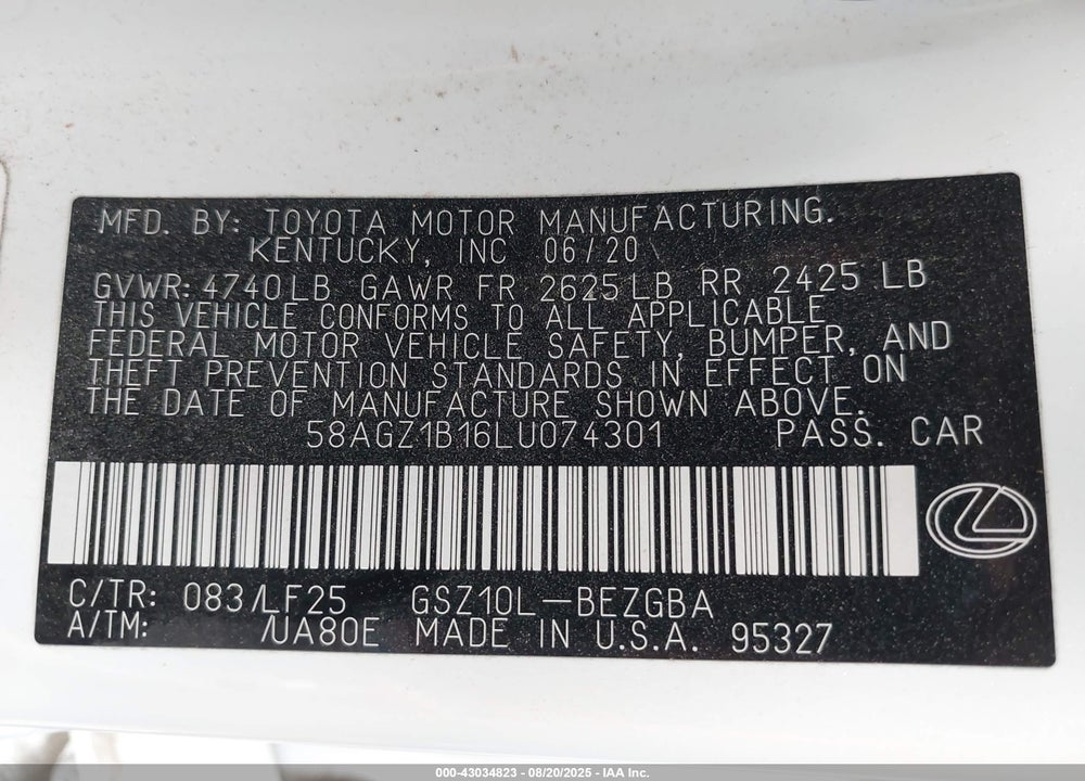 2020 LEXUS ES 350 VIN: 58AGZ1B16LU074301