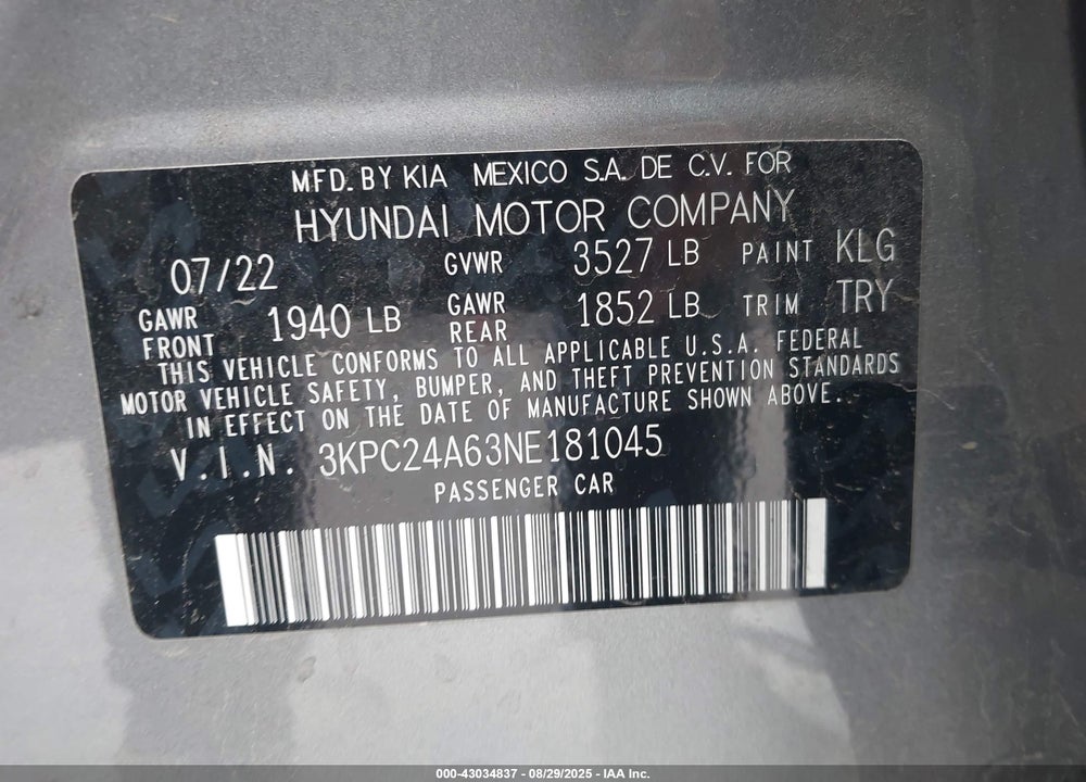 2022 HYUNDAI ACCENT VIN: 3KPC24A63NE181045