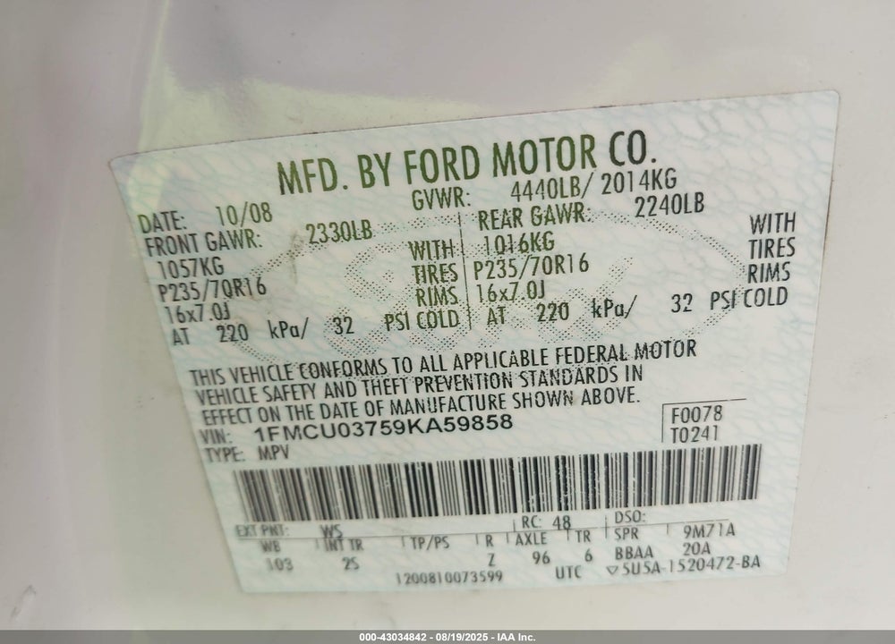 2009 FORD ESCAPE VIN: 1FMCU03759KA59858