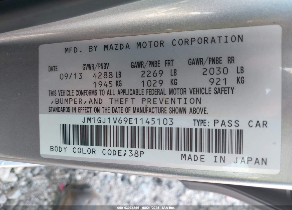 2014 MAZDA 6 VIN: JM1GJ1V69E1145103