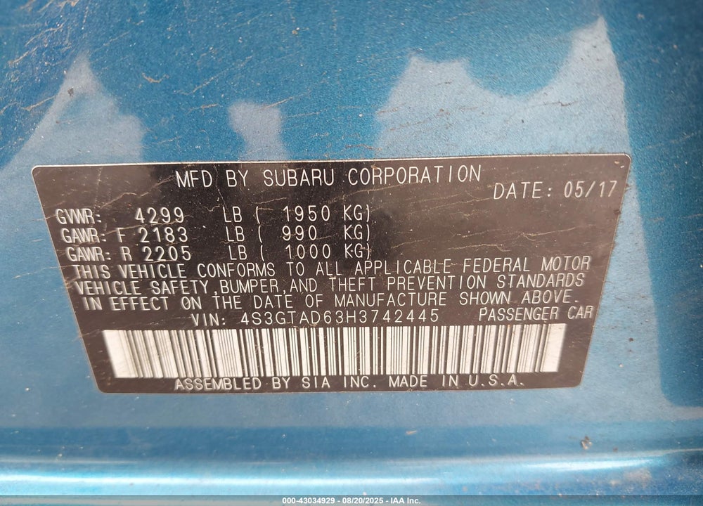2017 SUBARU IMPREZA VIN: 4S3GTAD63H3742445