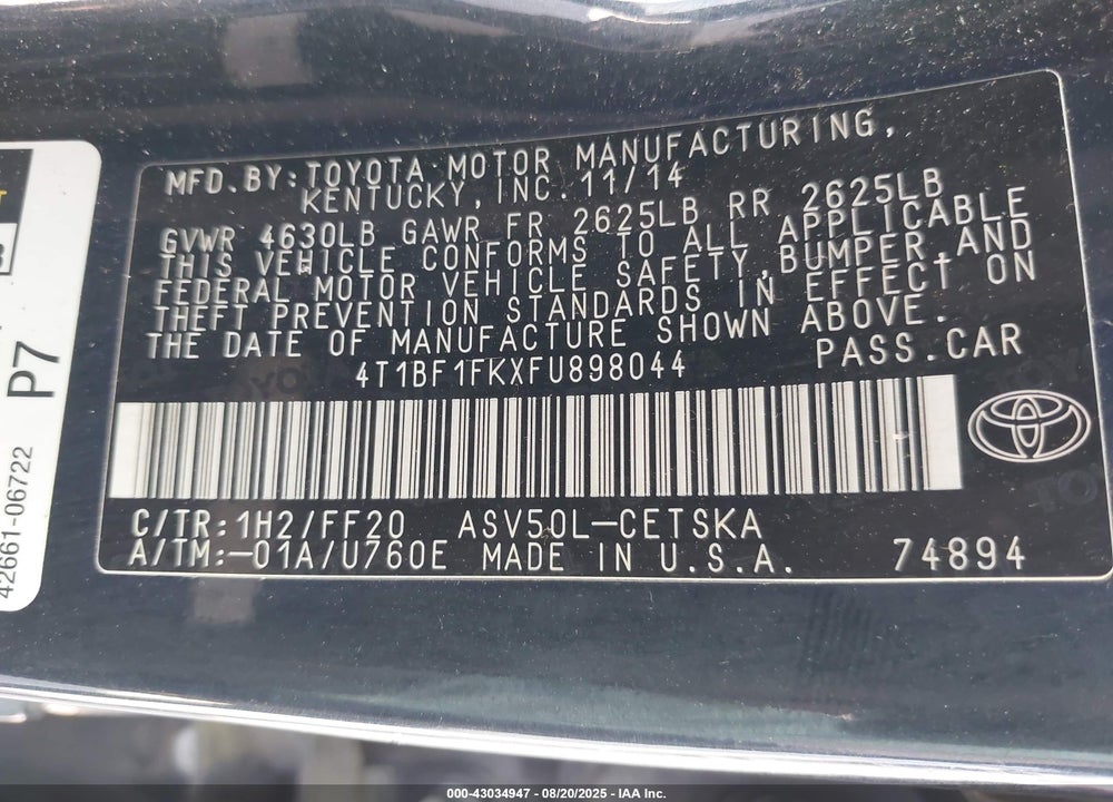 2015 TOYOTA CAMRY VIN: 4T1BF1FKXFU898044