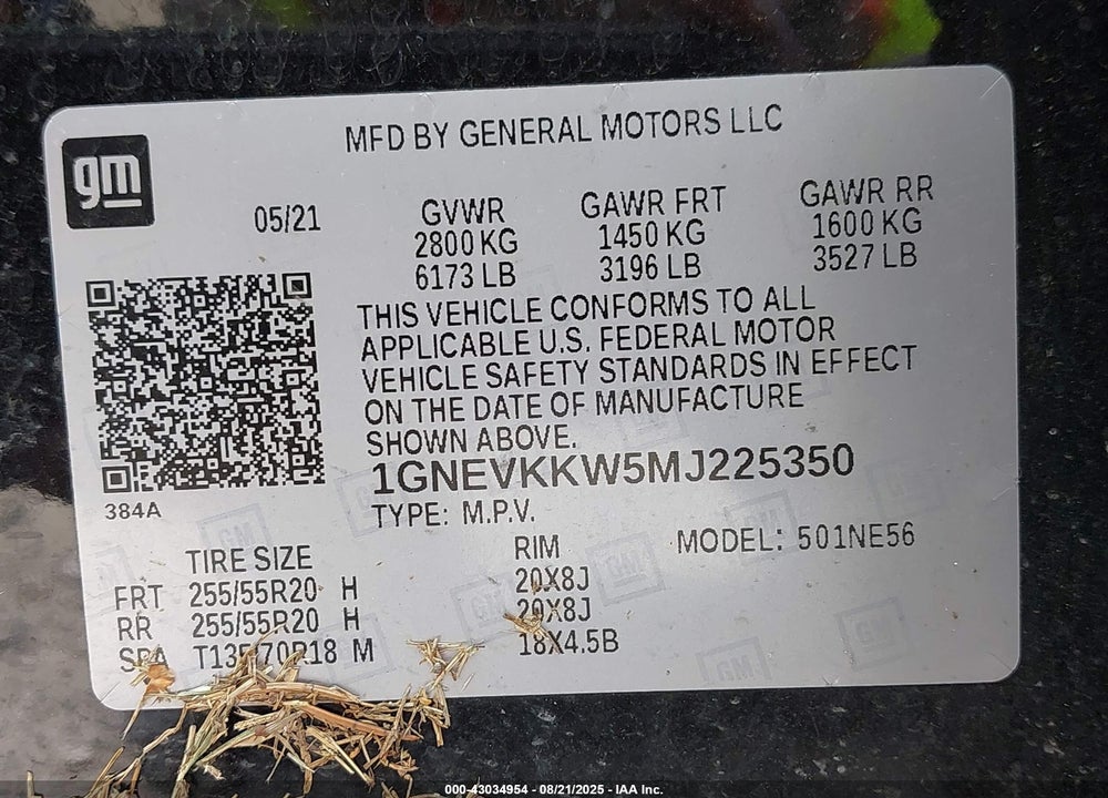 2021 CHEVROLET TRAVERSE VIN: 1GNEVKKW5MJ225350