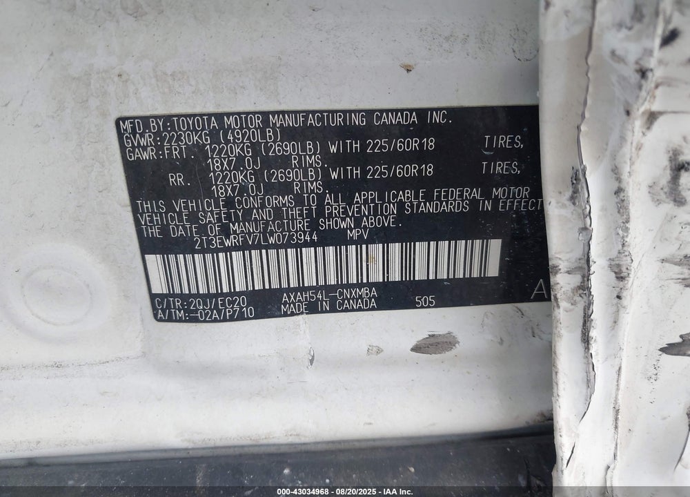 2020 TOYOTA RAV4 HYBRID VIN: 2T3EWRFV7LW073944