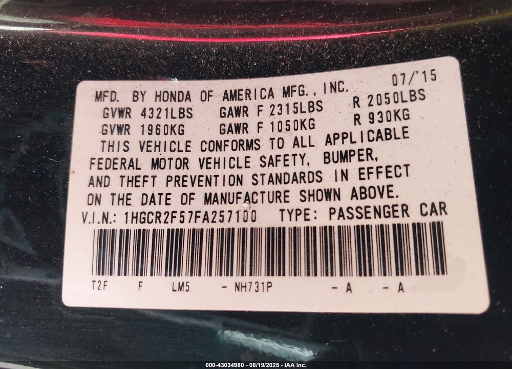 2015 HONDA ACCORD VIN: 1HGCR2F57FA257100
