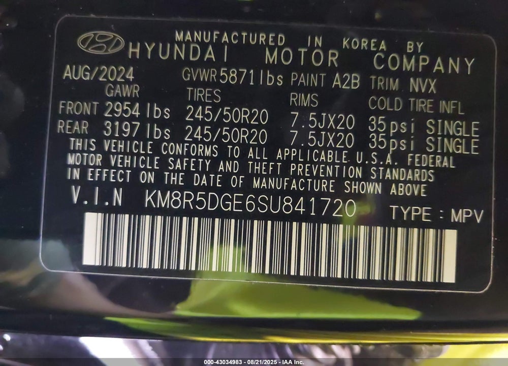 2025 HYUNDAI PALISADE VIN: KM8R5DGE6SU841720
