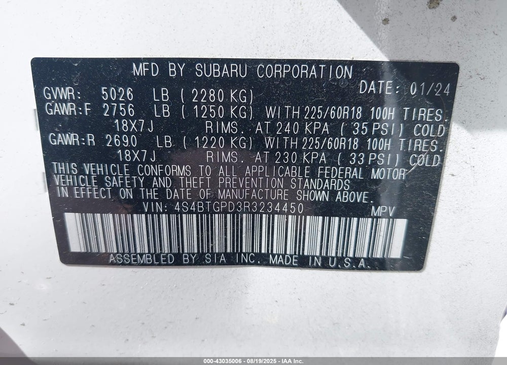 2024 SUBARU OUTBACK VIN: 4S4BTGPD3R3234450