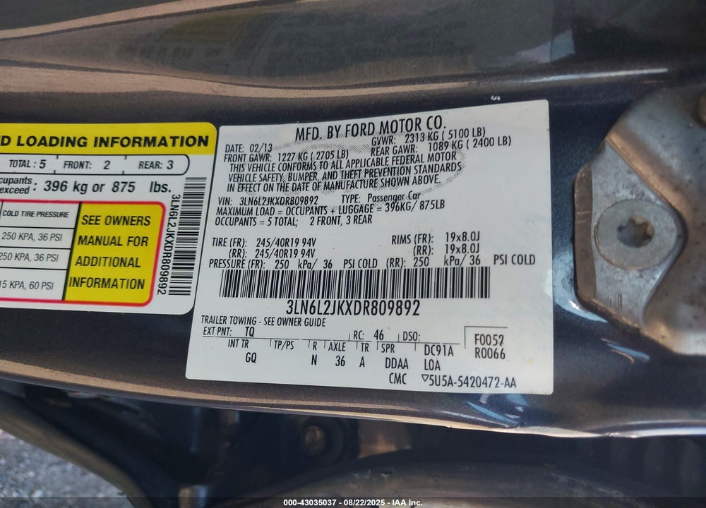 2013 LINCOLN MKZ VIN: 3LN6L2JKXDR809892