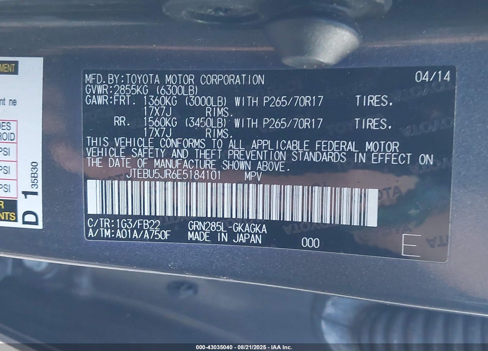 2014 TOYOTA 4RUNNER VIN: JTEBU5JR6E5184101