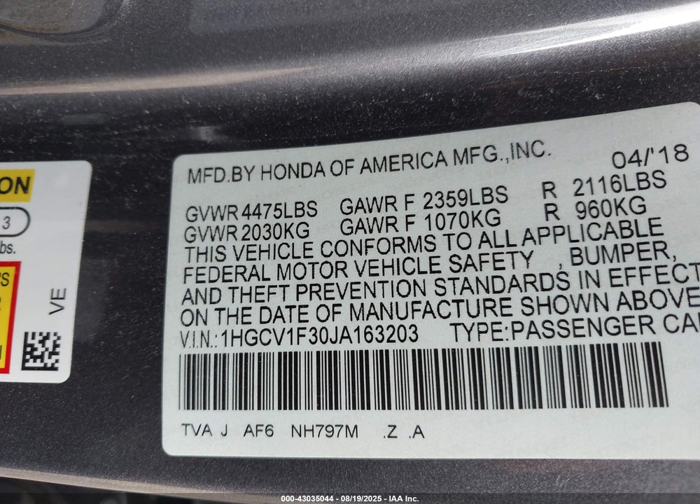 2018 HONDA ACCORD VIN: 1HGCV1F30JA163203