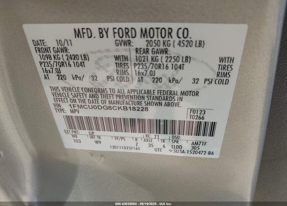 2012 FORD ESCAPE VIN: 1FMCU0DG8CKB18228