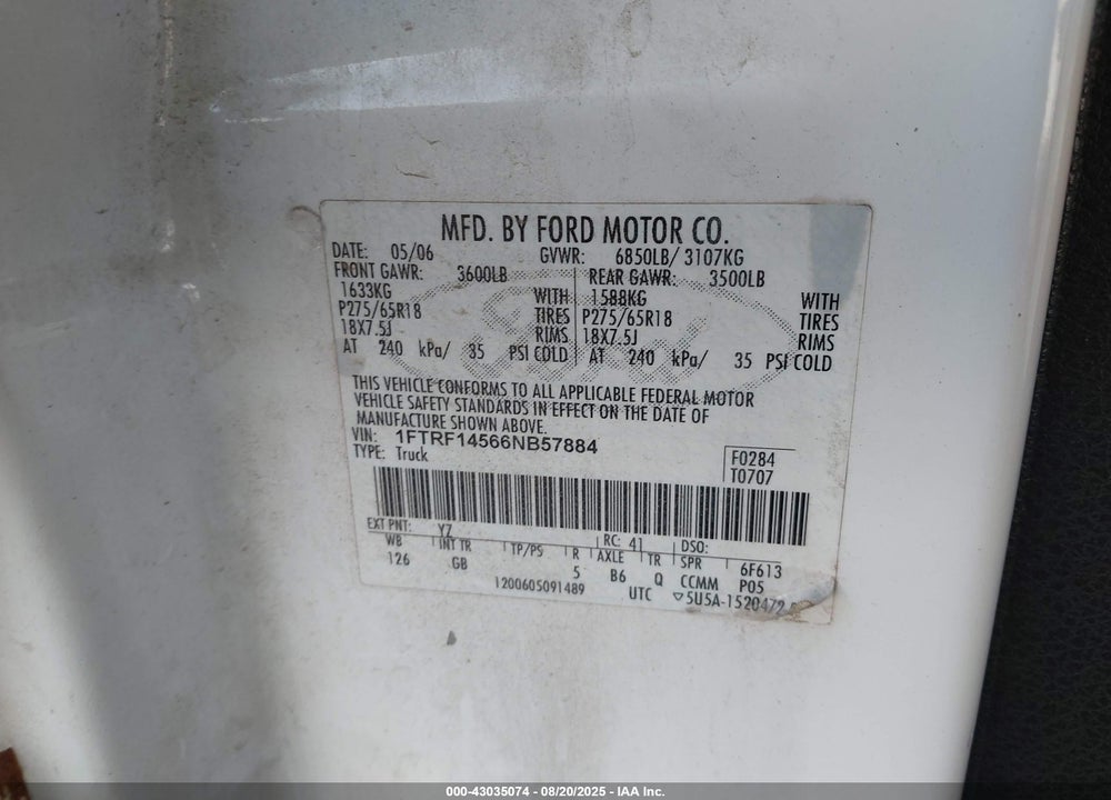 2006 FORD F-150 FX4/XL/XLT VIN: 1FTRF14566NB57884