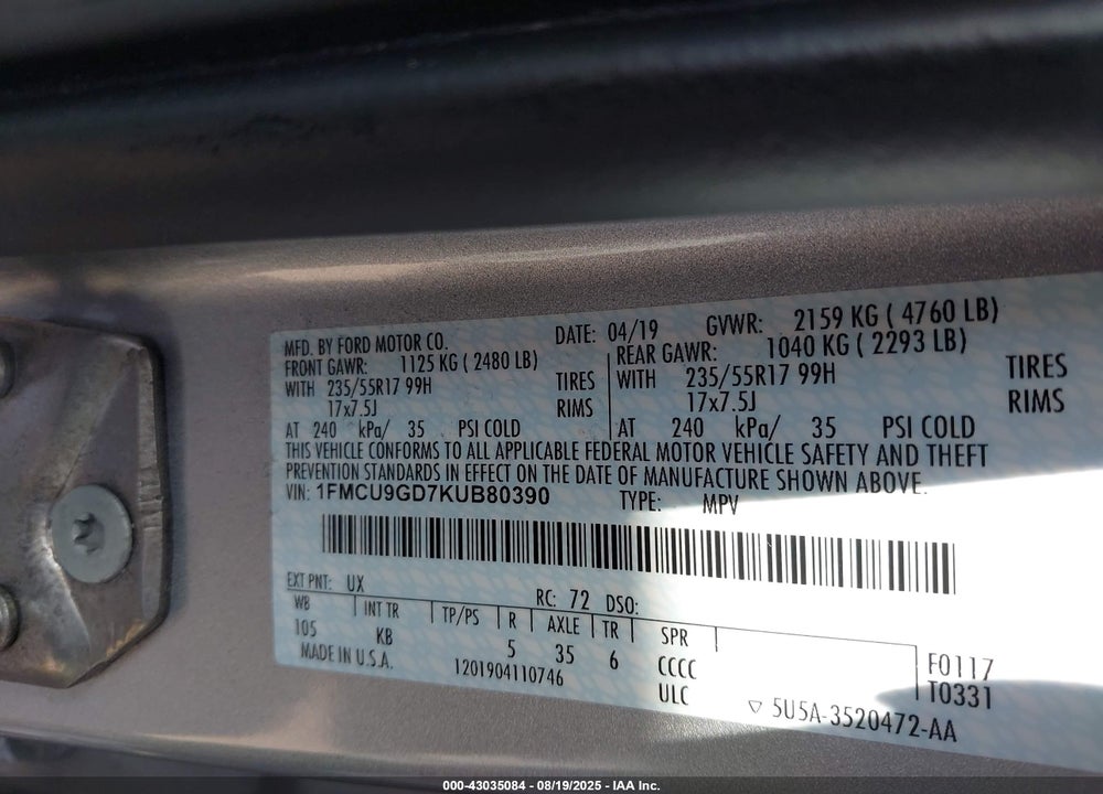 2019 FORD ESCAPE VIN: 1FMCU9GD7KUB80390