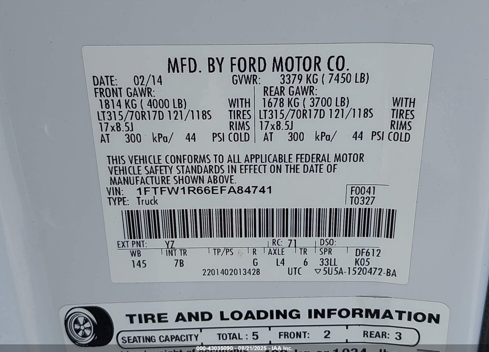 2014 FORD F-150 VIN: 1FTFW1R66EFA84741