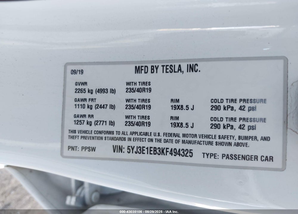 2019 TESLA MODEL 3 VIN: 5YJ3E1EB3KF494325