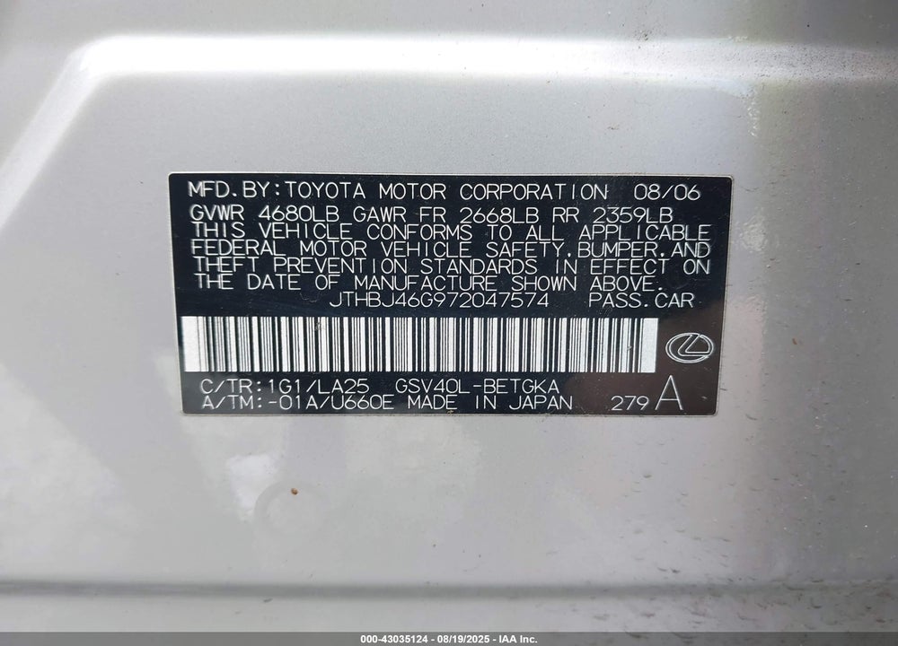 2007 LEXUS ES 350 VIN: JTHBJ46G972047574