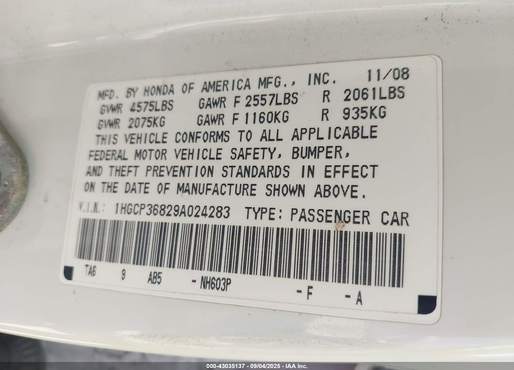 2009 HONDA ACCORD SDN 3.5 EX-L/EX-L VIN: 1HGCP36829A024283