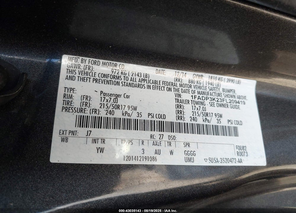 2015 FORD FOCUS SE VIN: 1FADP3K23FL209419