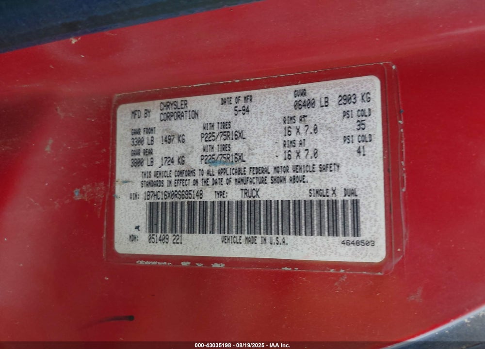 1994 DODGE RAM 1500 VIN: 1B7HC16X0RS695148