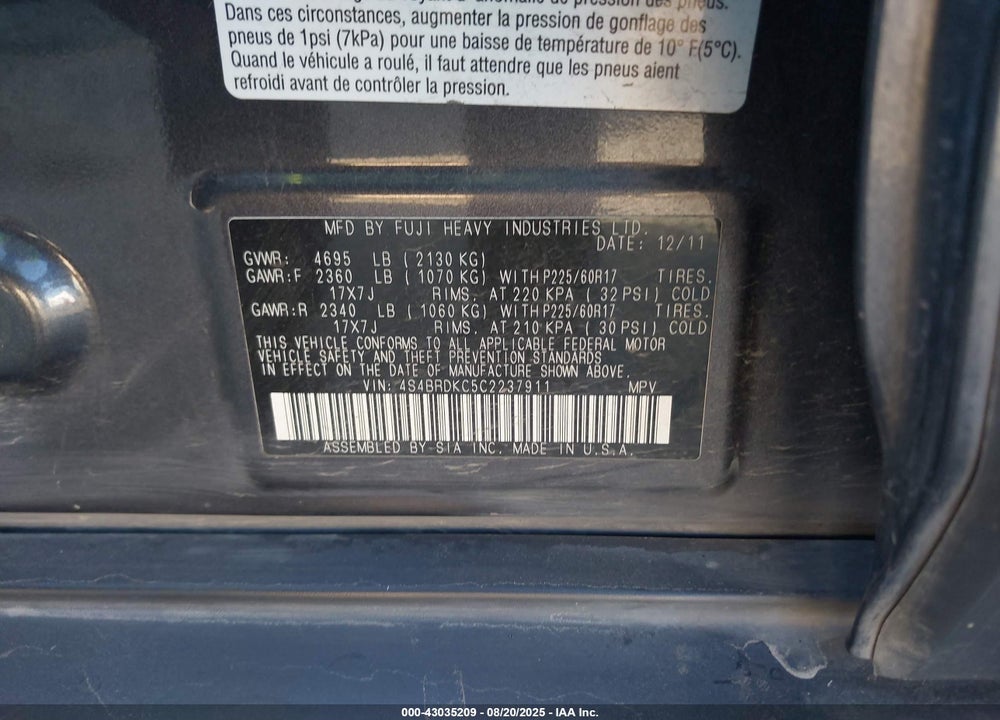 2012 SUBARU OUTBACK 3.6R LIMITED VIN: 4S4BRDKC5C2237911