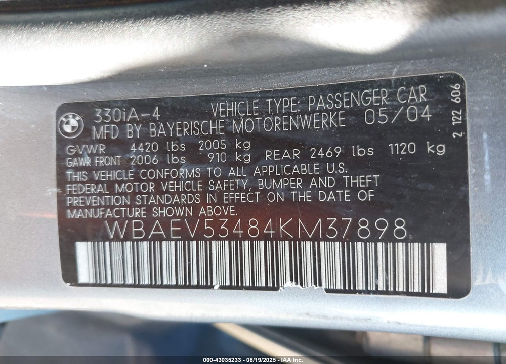 2004 BMW 330I VIN: WBAEV53484KM37898