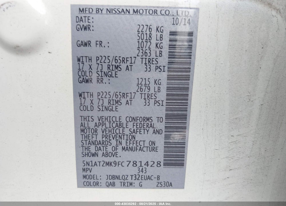 2015 NISSAN ROGUE VIN: 5N1AT2MK9FC781428