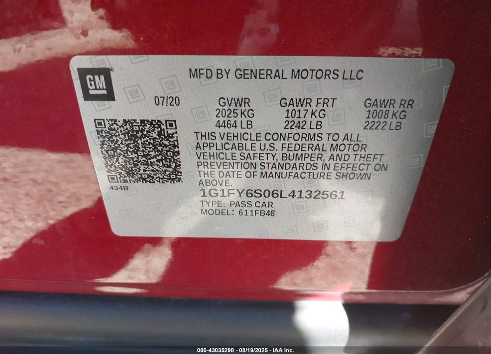 2020 CHEVROLET BOLT EV VIN: 1G1FY6S06L4132561