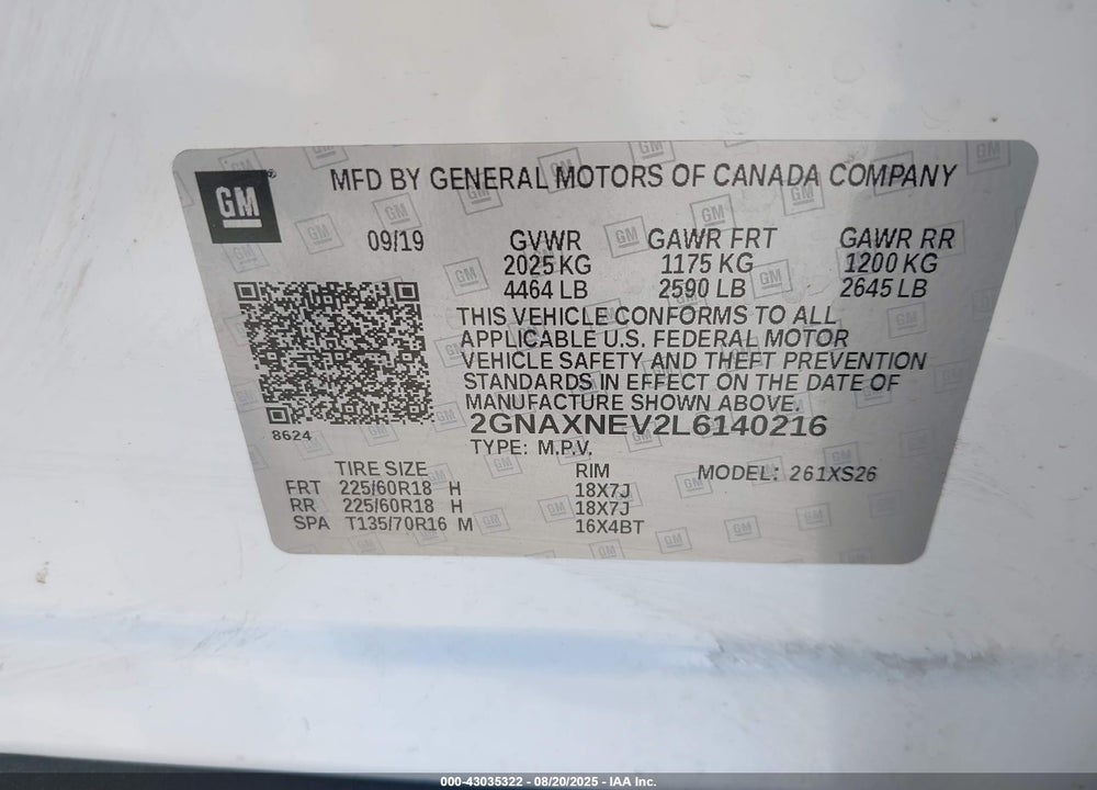2020 CHEVROLET EQUINOX VIN: 2GNAXNEV2L6140216