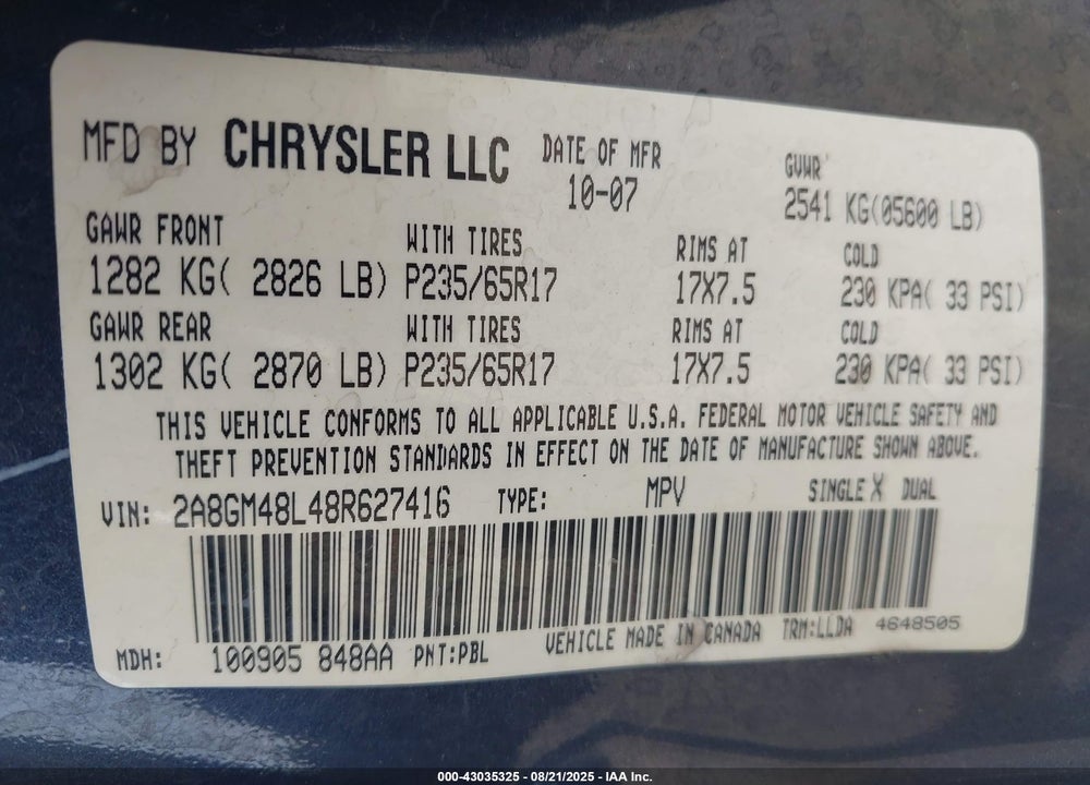 2008 CHRYSLER PACIFICA LX VIN: 2A8GM48L48R627416