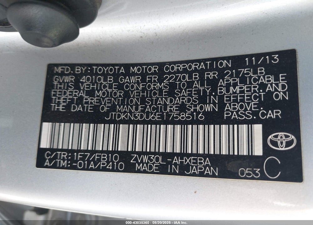 2014 TOYOTA PRIUS VIN: JTDKN3DU6E1758516