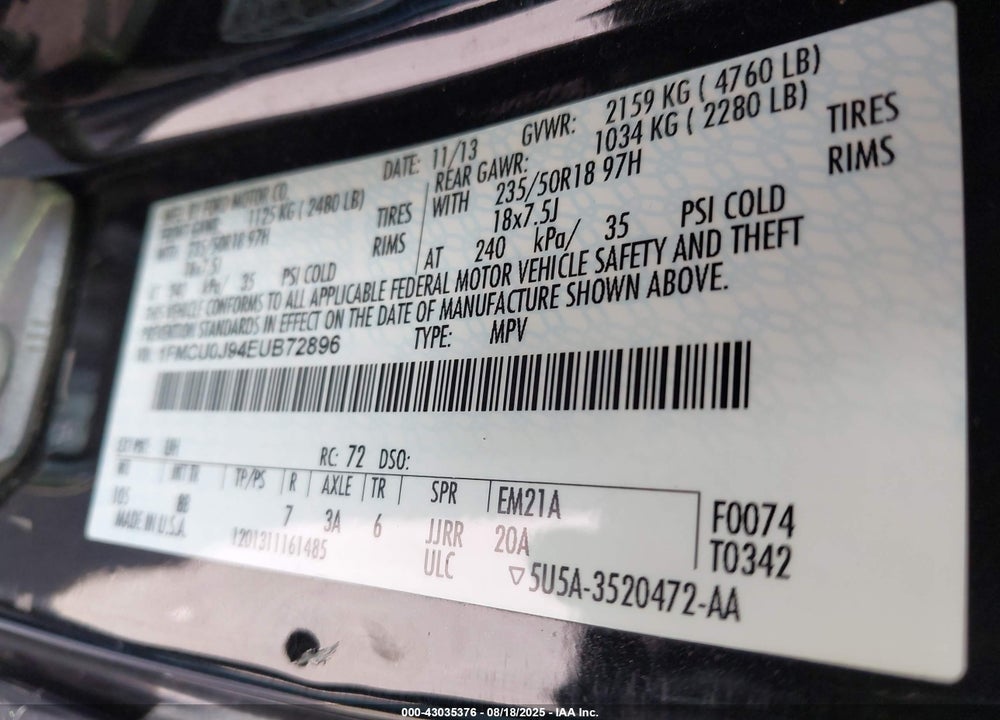 2014 FORD ESCAPE VIN: 1FMCU0J94EUB72896